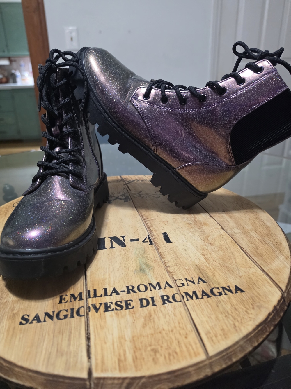 art class Iridescent Lace-Up Combat Boots in Shimmering Purple